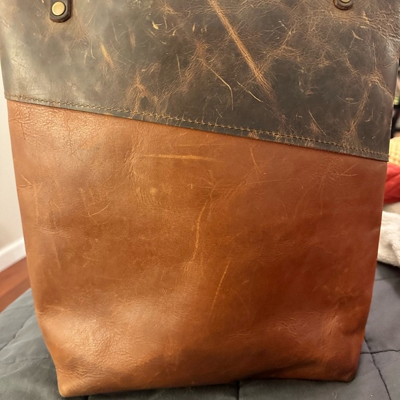 Handmade Leather Tote. In Blue brand. Asheville NC. Brown/Tan - Picture 3 of 5